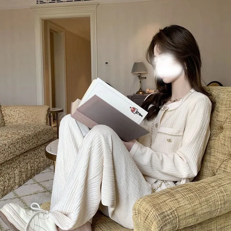 【茶系小香】高个子秋季奶fufu小香风外套+阔腿裤套装