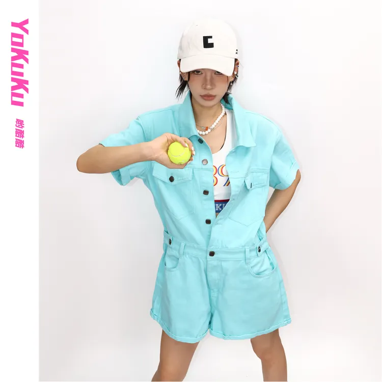 哟酷酷（街头腔调）多巴胺美式时尚街头中低腰短袖牛仔连衣四分短裤