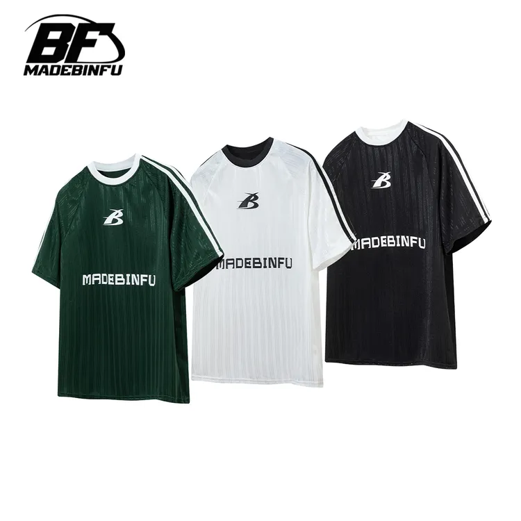 BINFU自制夏季速干宽松男女同款撞色三条织带插肩袖情侣装短袖T恤