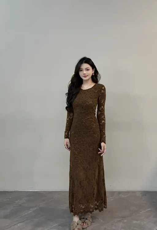 【苏苏】 法式复古蕾丝长裙连衣裙秋冬新款修身裙显瘦时尚DT1668