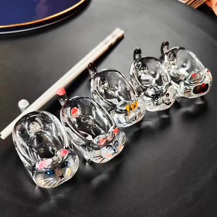 实惠茶杯透明耐热手绘猫咪水晶玻璃调味蘸料碟创意番茄酱碟家用碟