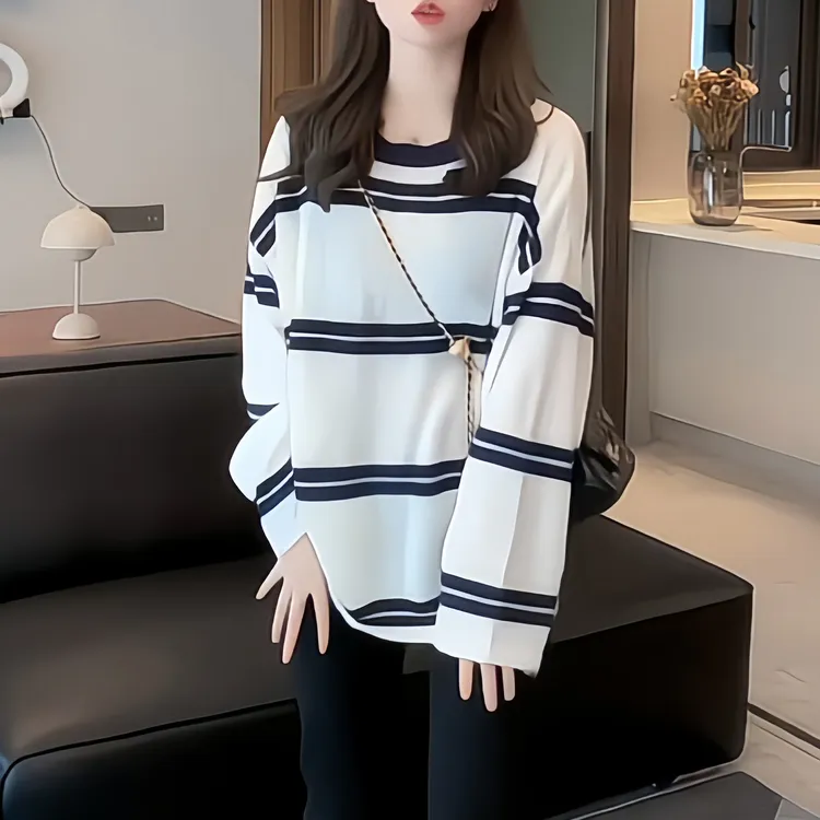 韩系慵懒风正反两穿条纹长袖针织衫女2025年秋季新款时尚百搭上衣