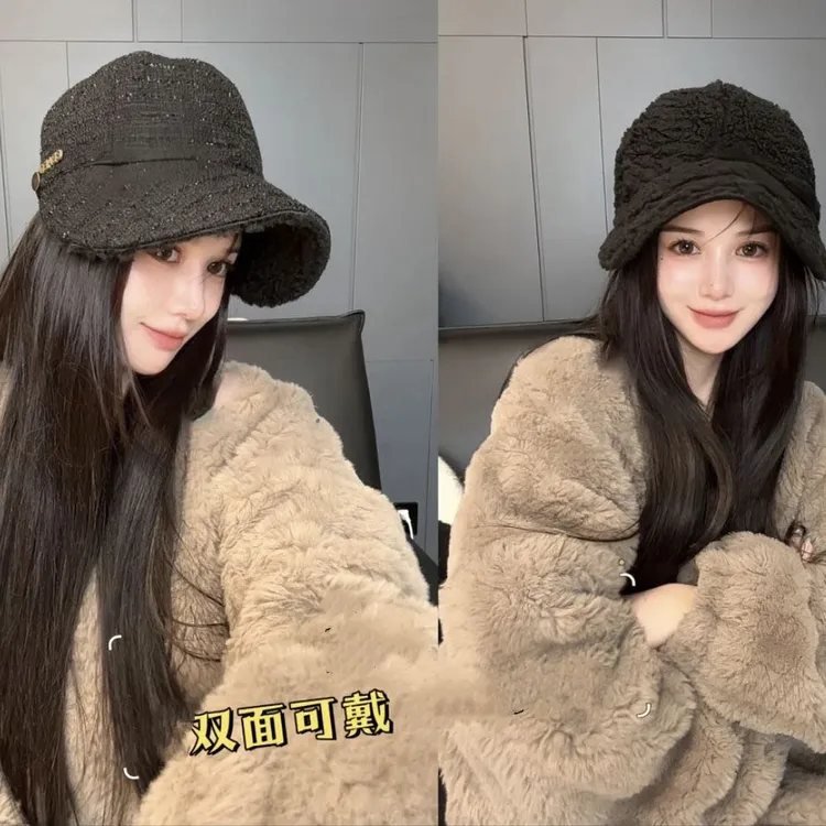 韩版网红ins日系针织毛绒羊羔绒加绒加厚保暖双面百搭渔夫帽2025