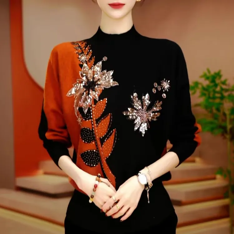 秋冬新款高档珠片烫钻洋气提花针织衫女宽松显瘦长袖保暖打底上衣