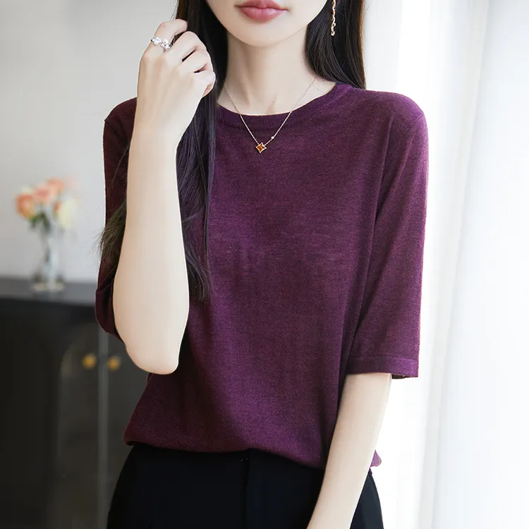 圆领短袖女薄款半袖宽松显瘦夏季百搭中袖水溶羊毛针织打底五分袖