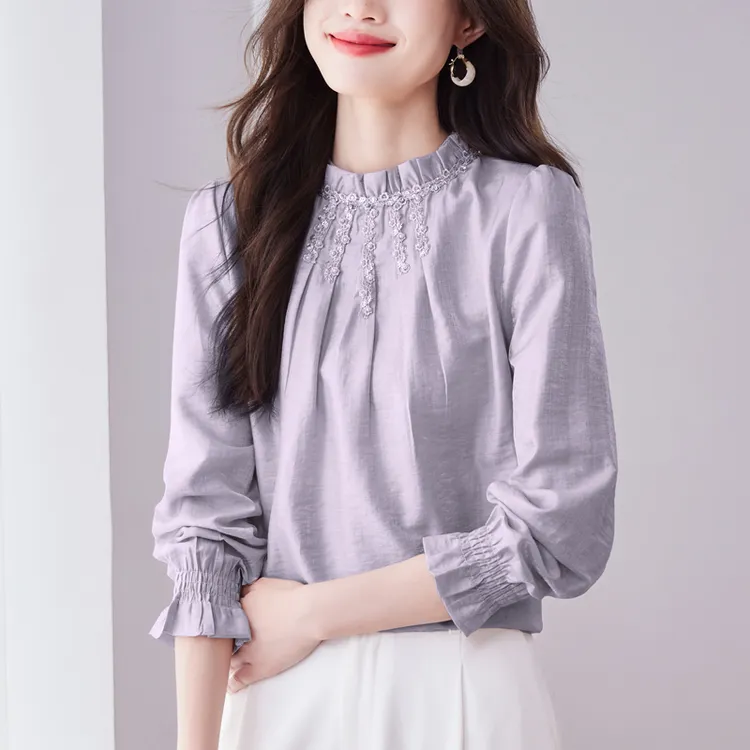 2025新款韩国气质立领木耳边褶皱重工刺绣钉珠套头长袖衬衫女9988