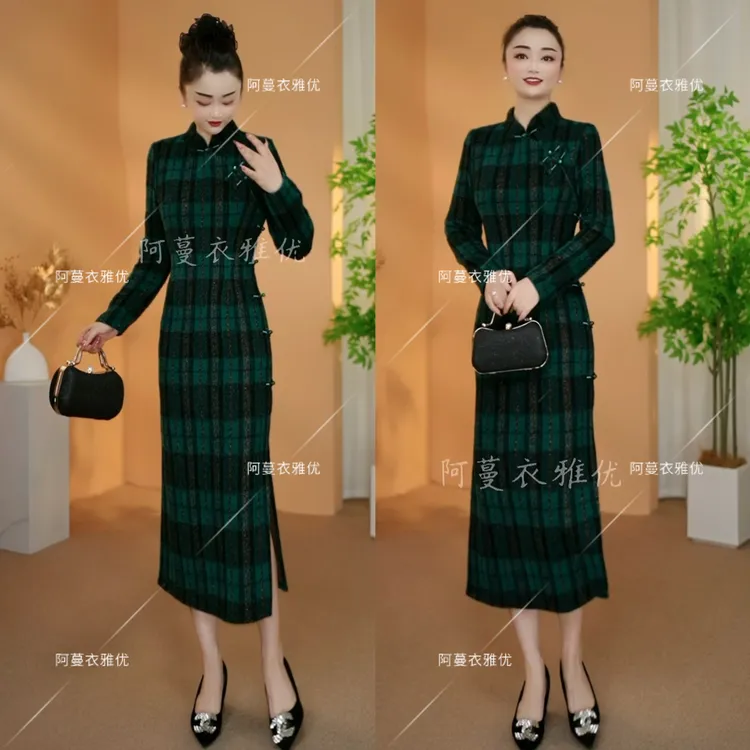 【衣雅严选】8222-2460#新款加厚雪花绒盘扣侧开衩新中式旗袍裙