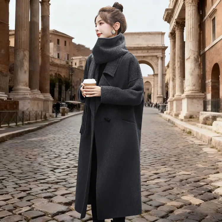 拉夏贝尔厚款女时尚毛呢外套呢子大码绵羊毛宽松休闲风中长款