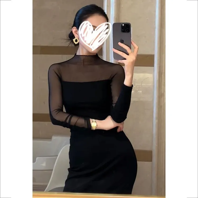纯欲性感连衣裙女秋冬高级感黑色网纱拼接御姐风修身显瘦包臀长裙