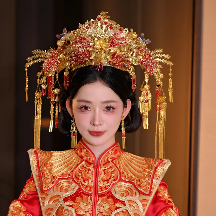 予禧-15350金色凤冠金色新中式新娘头饰简单流苏奢华婚礼大冠