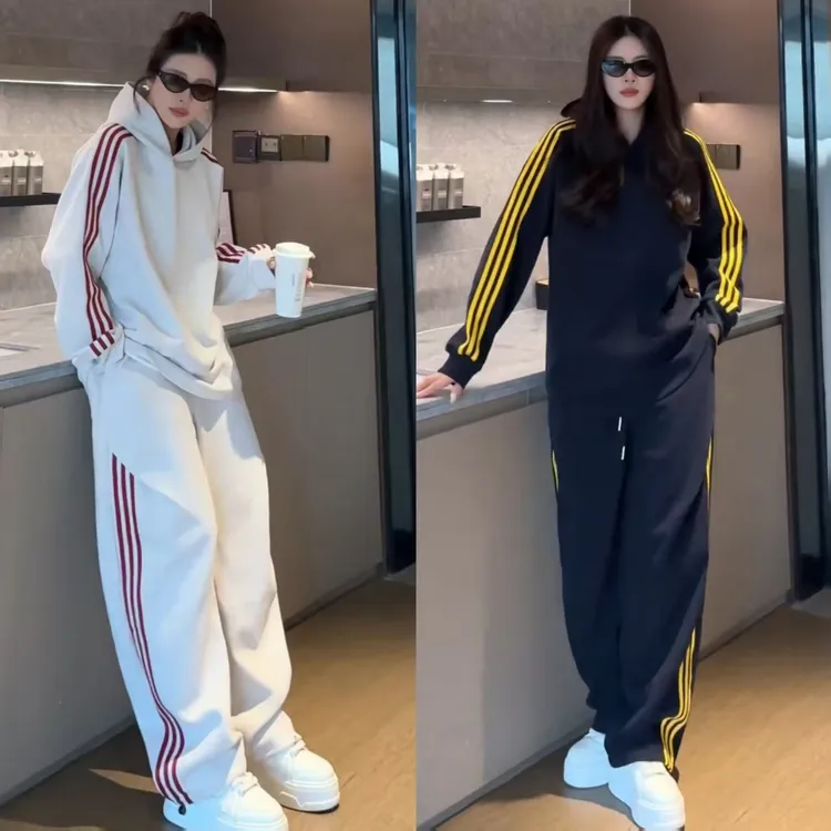 【北木】男女同款美式百搭连帽撞色三条杠长袖套头卫衣休闲长裤套装