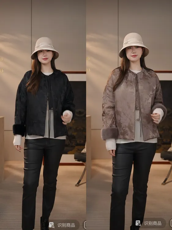 【花满林】三色圆领正门襟袖口拼毛条真丝桑蚕丝丝麻加厚外套80011