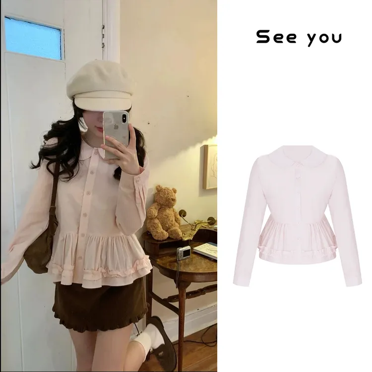 韩版复古洋气粉色娃娃领花边收腰衬衫L1597