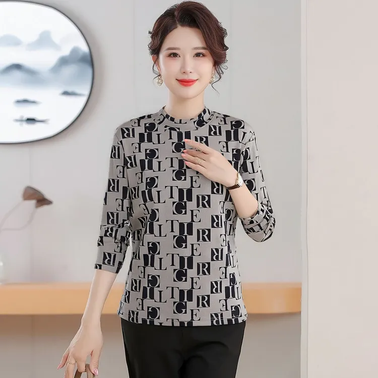 秋冬双面绒德绒打底衫中老年妈妈洋气长袖半高领印花女士百搭保暖