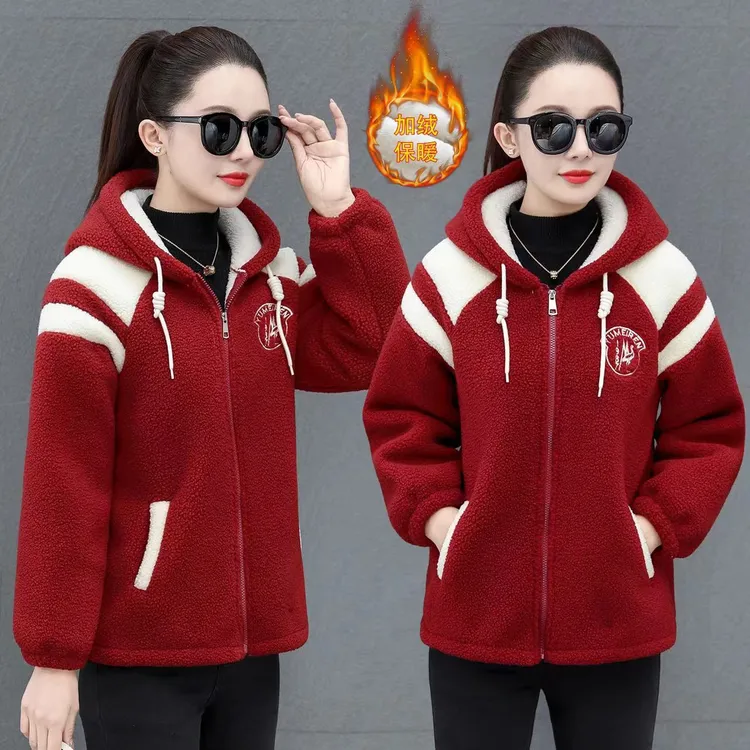 2025秋冬季新款连帽肩膀拼色加绒加厚撞色拼接韩版大码外套