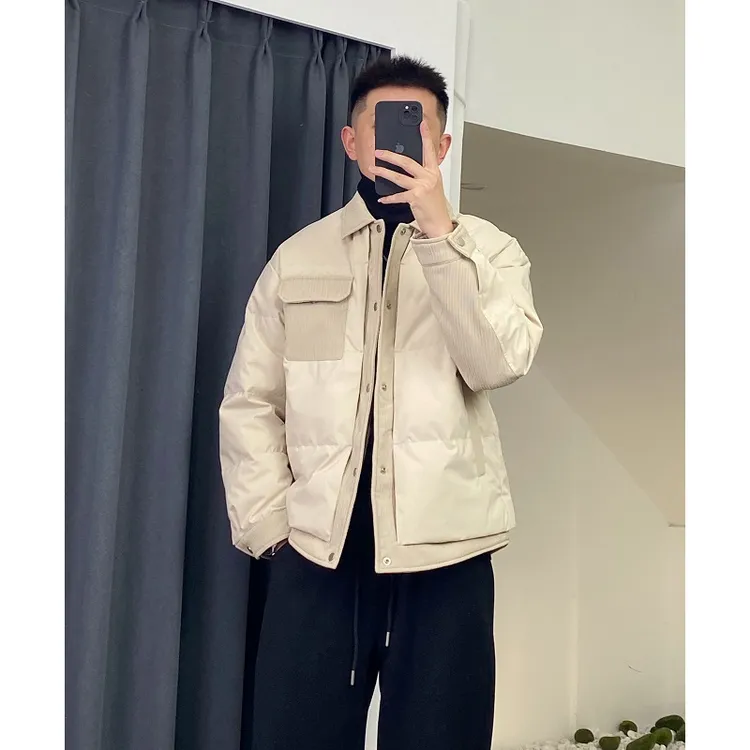 高级感拼接轻薄羽绒服男士冬季2025新款时尚假两件翻领保暖外套潮