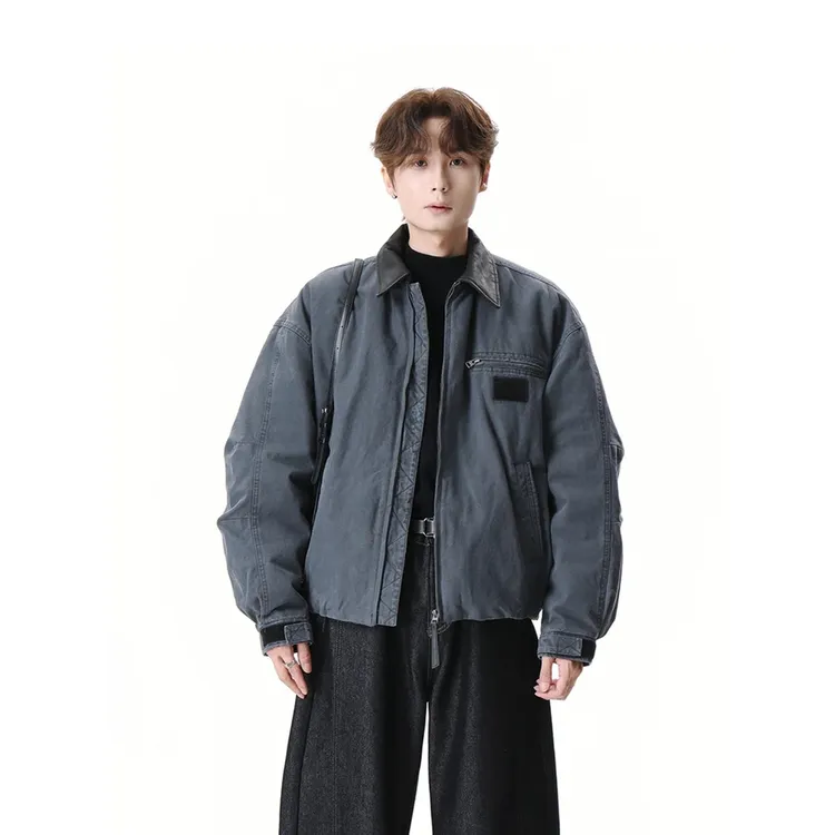 [Simple] 25A/W复古撞色皮领羽绒服男夹克做旧水洗牛仔夹克