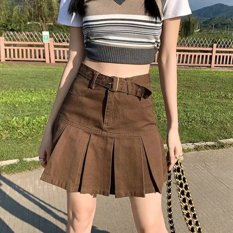 美式复古甜辣牛仔半身裙女夏季新品高腰设计感小众a字裙百褶短裙