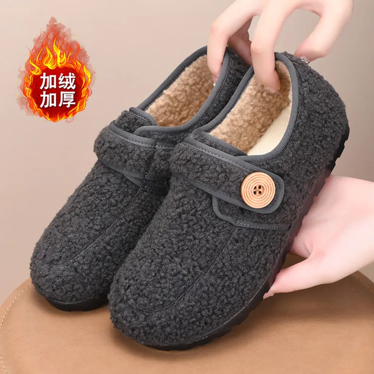 复古加绒平底女棉鞋老北京可爱圆头博肯鞋布鞋毛绒保暖豆豆棉鞋