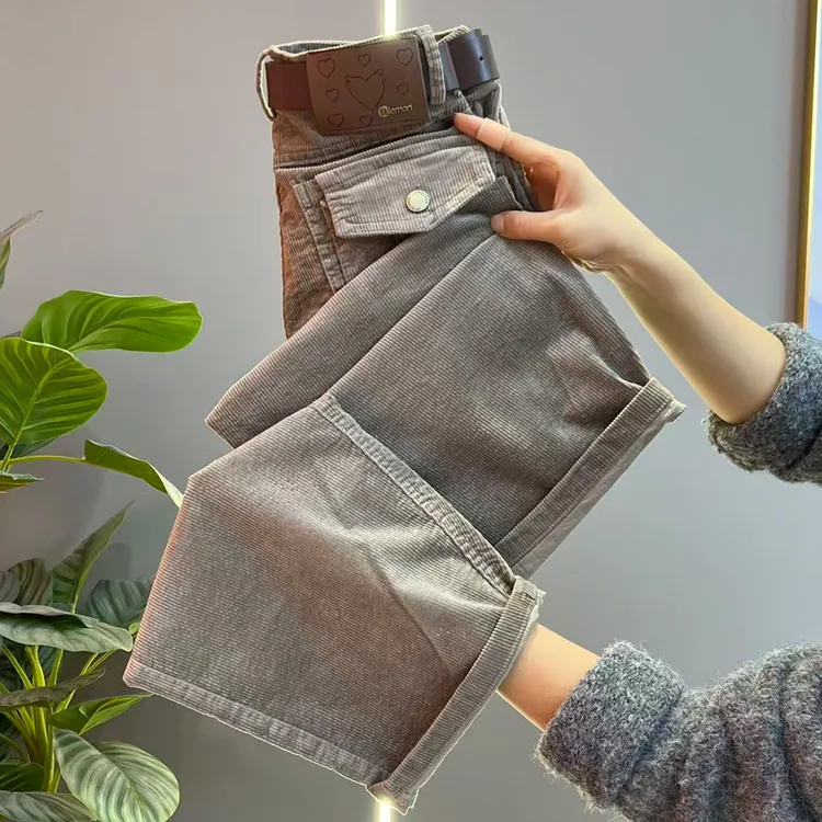 2025秋冬新款棉质灯芯绒哈伦裤高腰显瘦条绒弯刀直筒九分休闲长裤