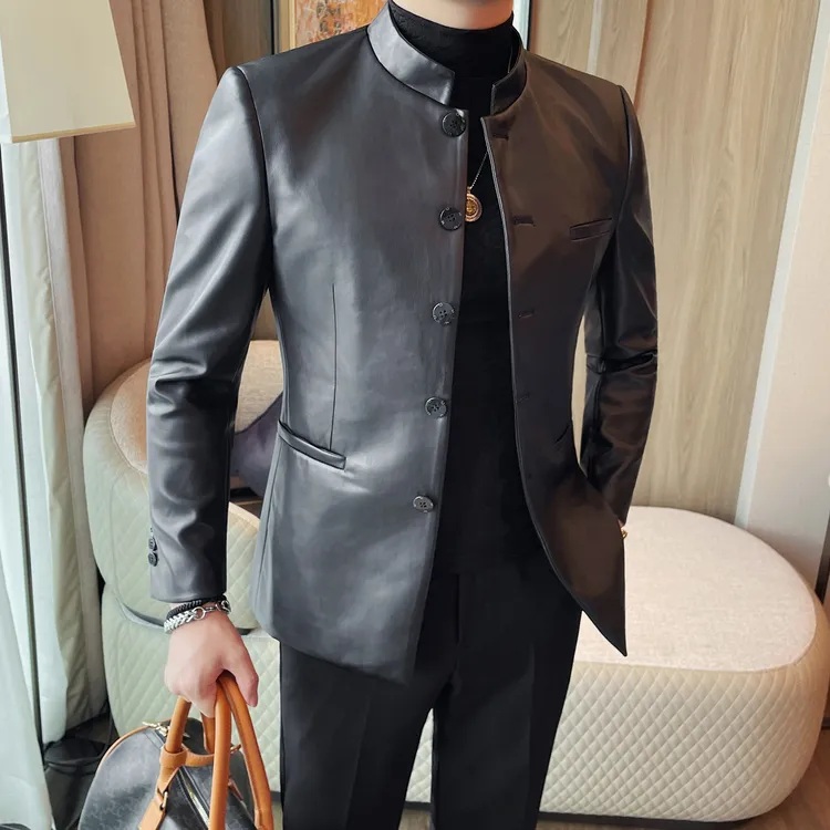 中式立领皮衣外套男款2025新款秋冬季男装上衣高级感痞帅风皮夹克