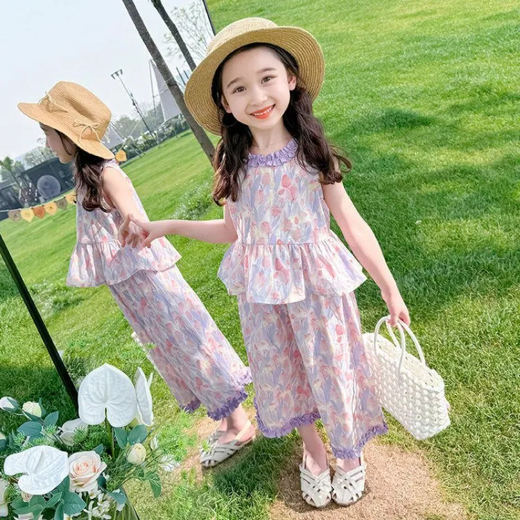 夏季女童套装夏装两件套2025花朵儿童宝宝阔腿裤薄款时髦背心新