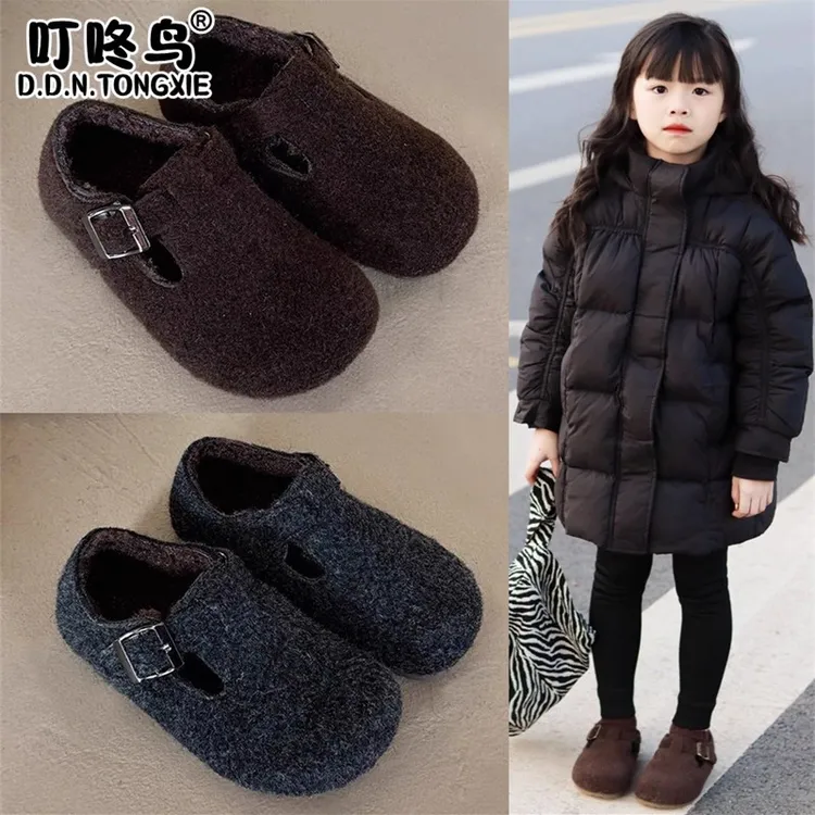 女童毛呢公主勃肯鞋2025秋冬男童简约休闲鞋儿童加绒小宝宝豆豆鞋
