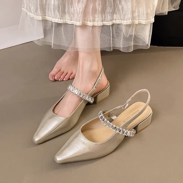 单鞋凉鞋百搭夏季粗跟尖头中跟仙女风气质时尚外穿春夏法式方头