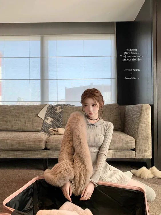 灰色针织衫女装修身韩系木耳边彼得潘领蝴蝶结长袖上衣外套两件套