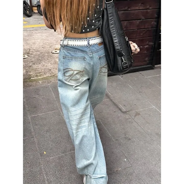 【运费险】美式复古口袋刺绣牛仔裤女新款宽松高腰显瘦阔腿拖地长裤