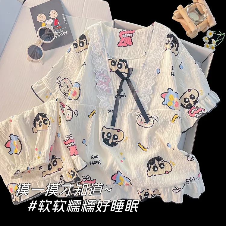 儿童睡衣夏季云朵棉薄款蜡笔小新短袖短裤套装男女童空调服家居服
