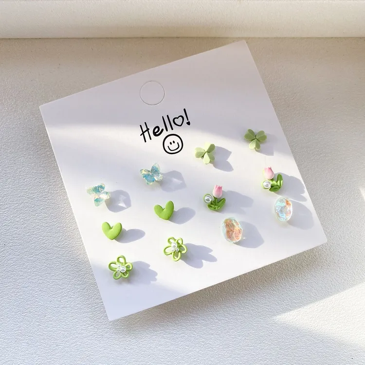 合金耳饰 森系绿色花朵耳钉三件套925银针小巧精致小清新ins风耳