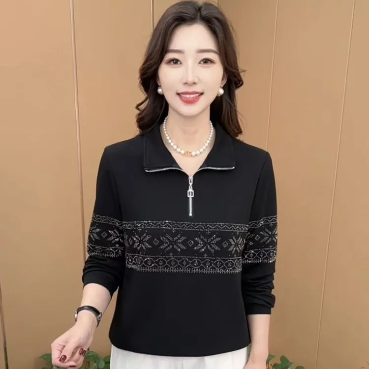 秋季新款时尚立领烫钻洋气妈妈装宽松显瘦减龄百搭长袖上衣H6608