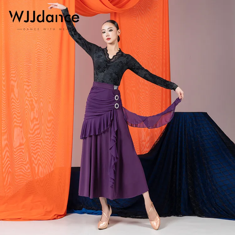 WJJdance国标舞半身长裙女2025新款珍珠钻扣卡褶花摩登交谊大摆裙