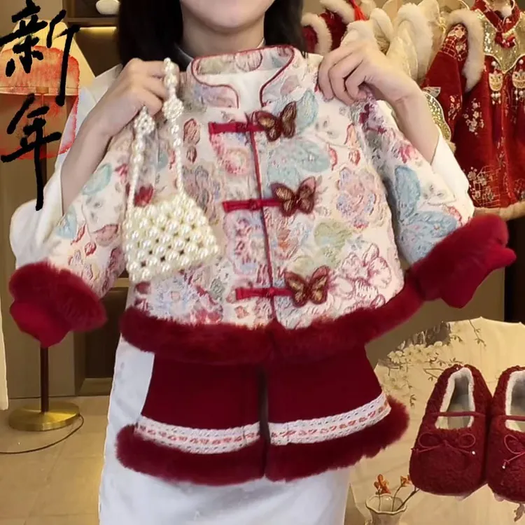 女童加绒加厚新中式唐装冬季国风喜庆拜年服套装外套