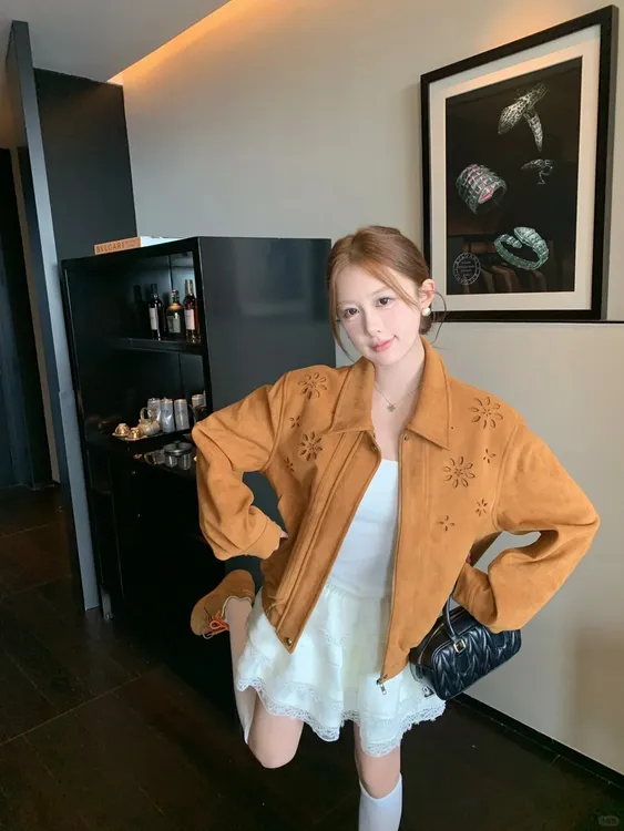 美式复古麂皮镂空刺绣外套女秋季美拉德拉链翻领夹克宽松chic上衣