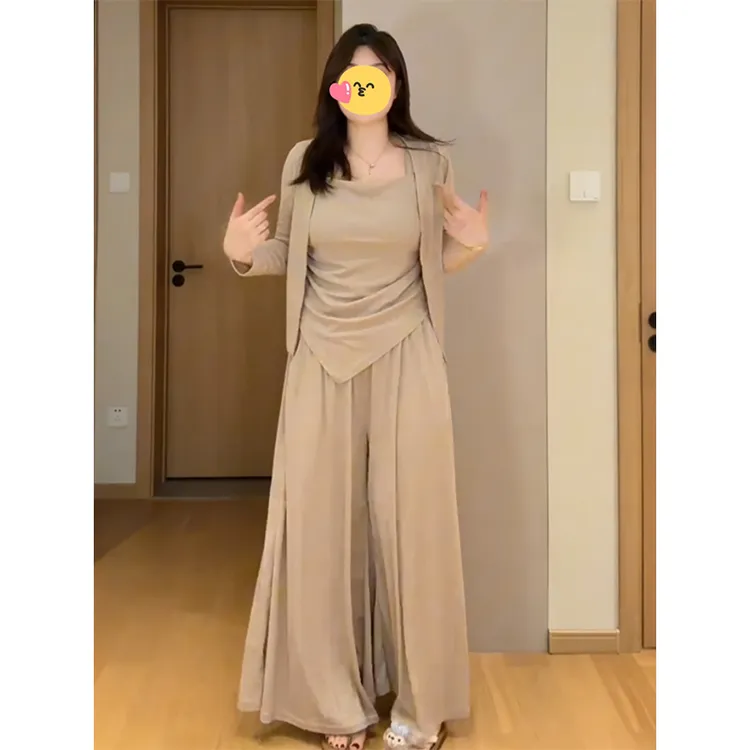大码女装胖mm慵懒风不规则吊带开衫阔腿裤2025早秋显瘦遮肉套装