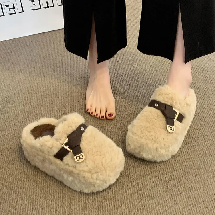 厚底内增高7CM小个子小码34包头毛毛拖鞋女外穿2025秋冬季棉拖鞋