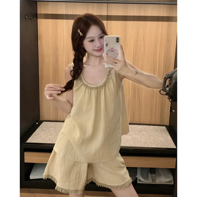 带胸垫吊带睡衣女夏季纯棉纱布高级感甜美流苏无袖短裤家居服套装