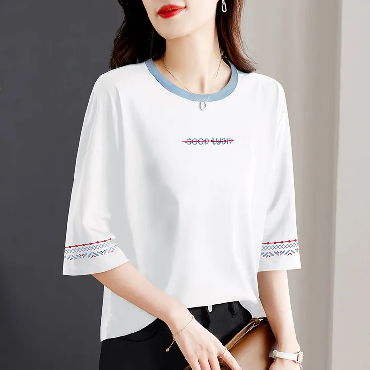 啄木鸟七分袖t恤女2025新款夏季爆款宽松显瘦中袖上衣洋气半袖