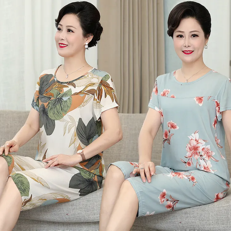 中老年人睡衣女夏季薄款妈妈棉绸家居服2025新款短袖两件套装大码