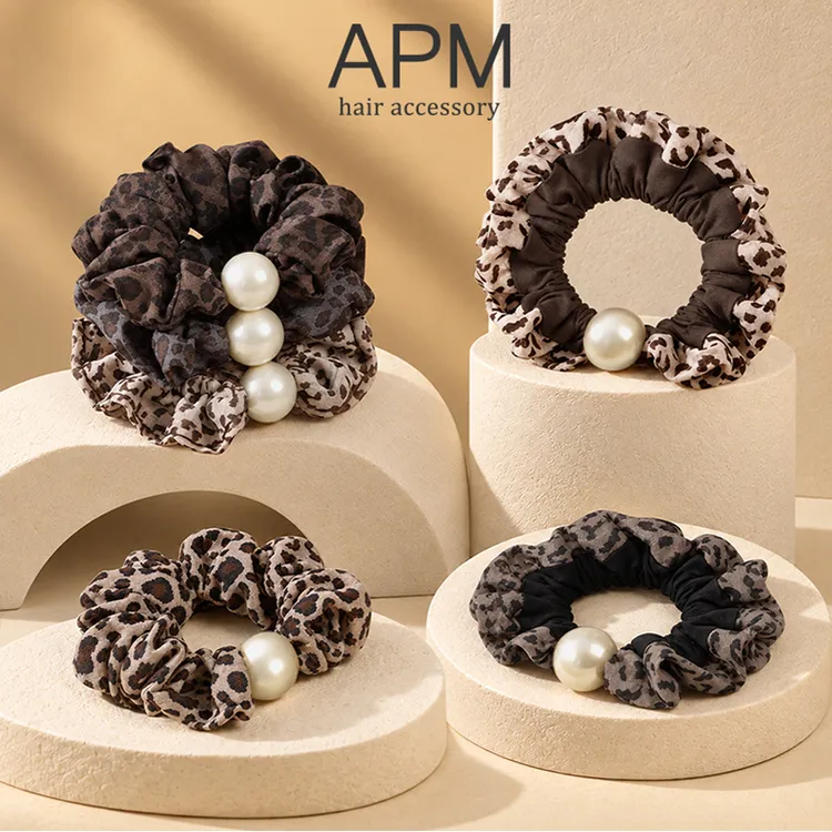 APM琥珀迷踪摩卡豹纹仿珍珠发圈复古简约轻奢气质百搭大肠发饰