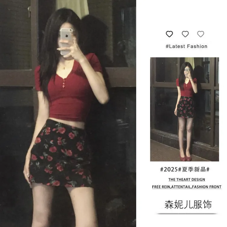 【现货】夏季穿搭女2025新款韩版时尚V领修身短袖T恤碎花短裙两件套