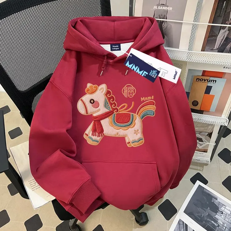 女童马年本命年红色连帽卫衣秋冬季2026新款中大童加绒拜年服上衣