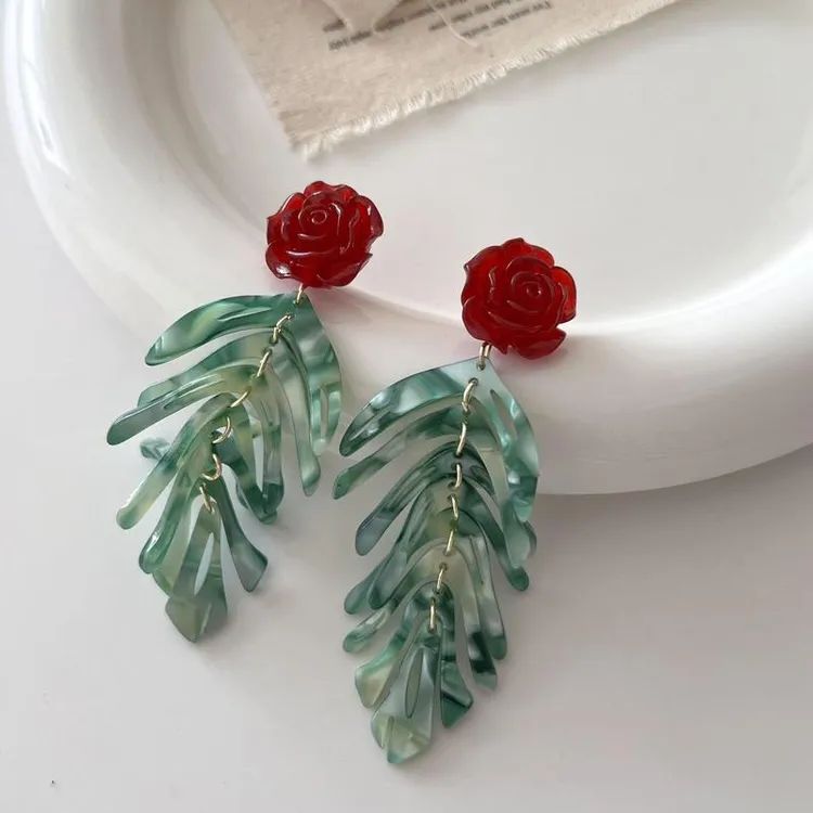 铜合金树脂耳饰 复古红花绿叶流苏度假风港风小花长款耳钉秋天