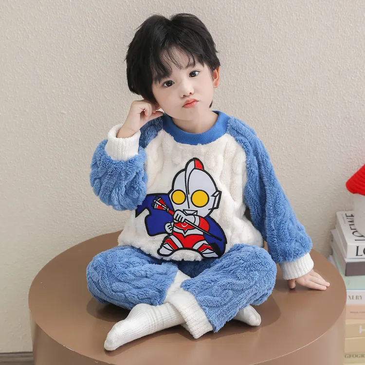 儿童法兰绒睡衣秋冬男孩宝宝加厚珊瑚绒冬季男童家居服奥特曼套装