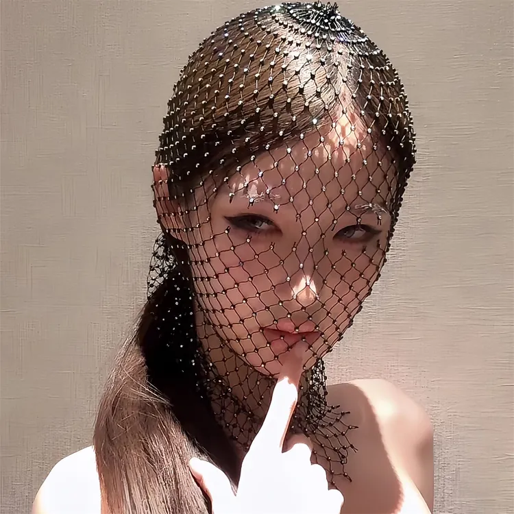 水钻渔网面罩高级感拍照道具个性创意网格音乐节闪钻头罩头纱配饰