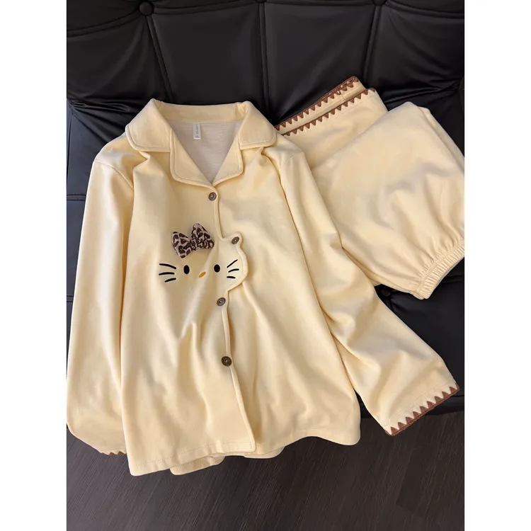 韩系甜美蝴蝶结小猫拼接德绒睡衣女秋冬新款宽松舒适家居服套装