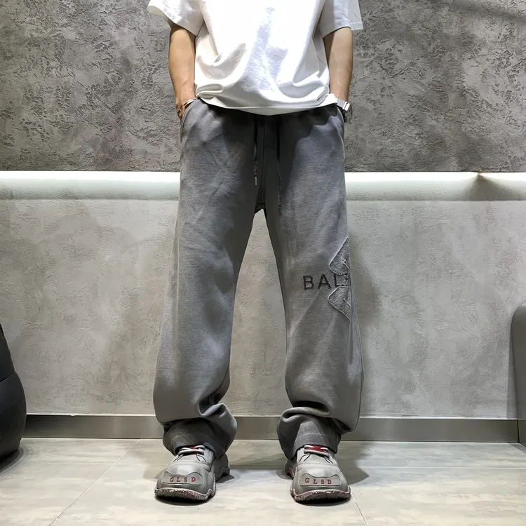 男士直筒激光烧花秋季休闲裤阔腿裤裤子水洗美式休闲宽松纯色百搭