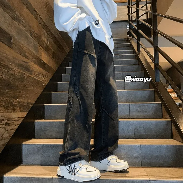 黑色拼接牛仔裤男春秋美式复古vibe潮流裤子设计感宽松直筒休闲裤